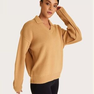 ALALA Diana Oversized Collared Knit Sweater Tan S Slouchy Pullover Minimalist